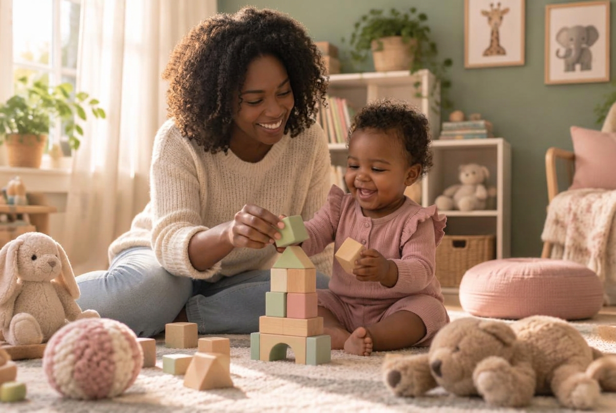 A caregiver and toddler playing together with wooden blocks in a warm, sunlit playroom