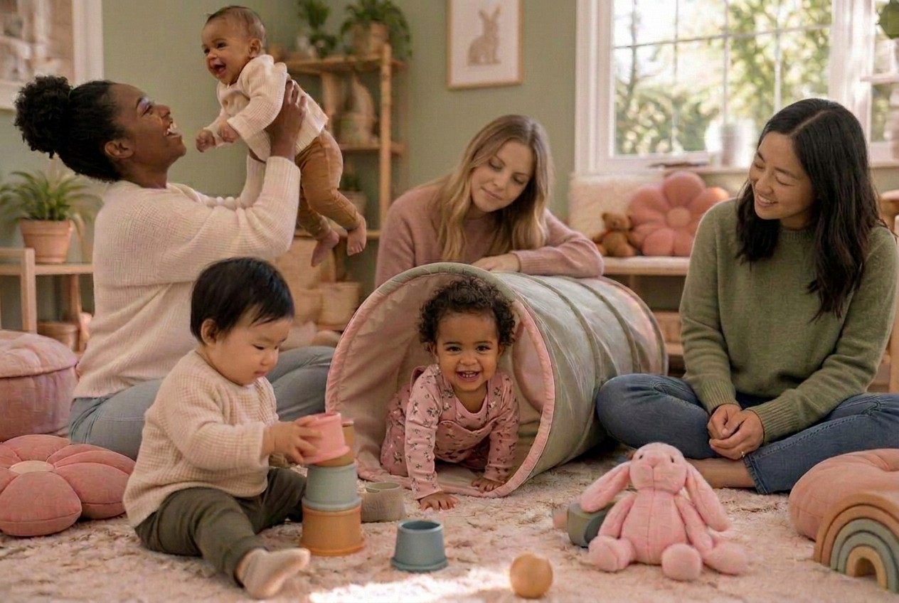 Caregivers and their babies and toddlers playing together in a cozy group class