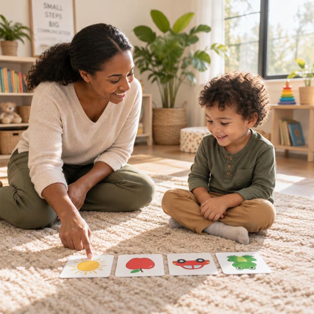 A warm, naturally lit speech therapy session with picture cards